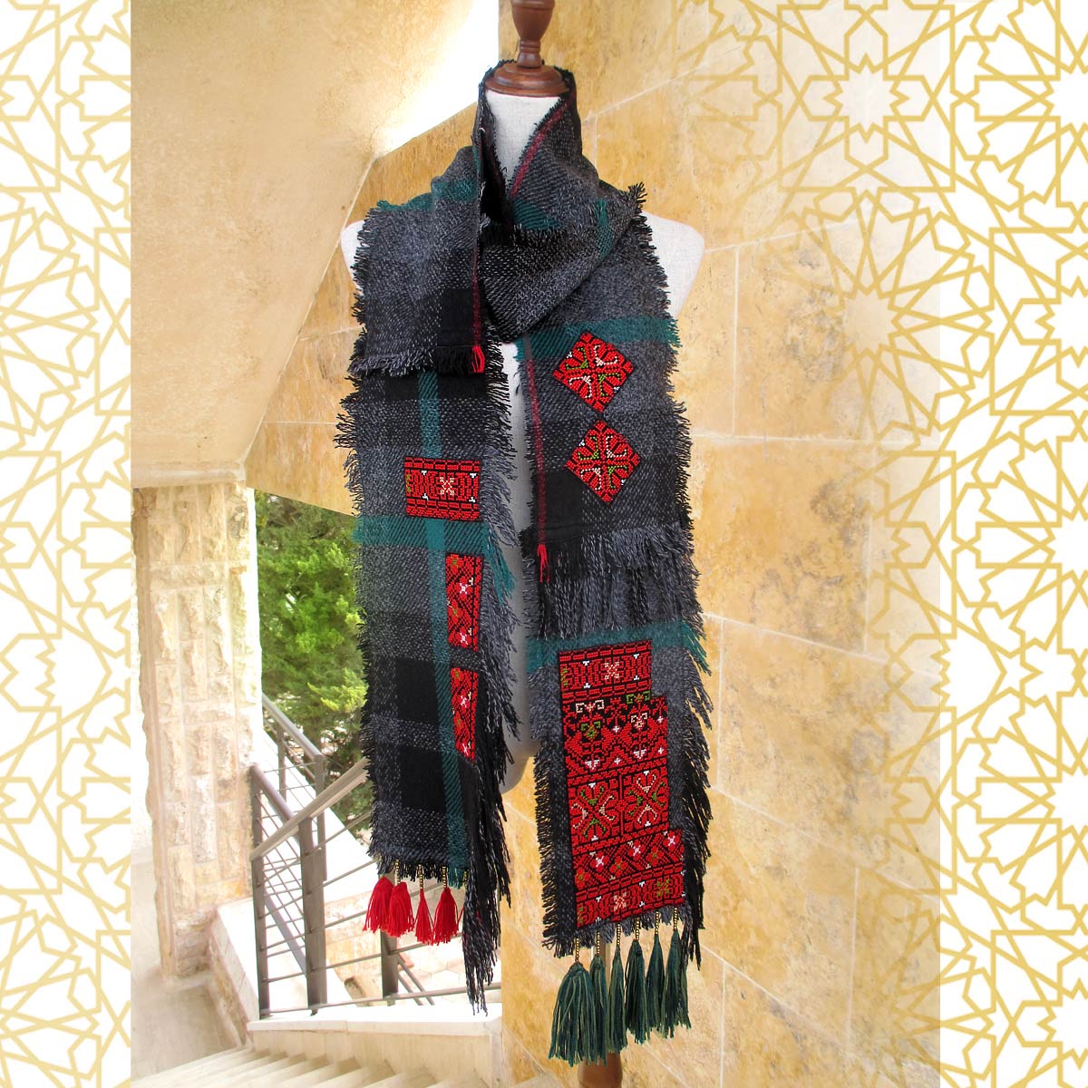 Wintry Narrow Scarf with Palestinian Embroidery